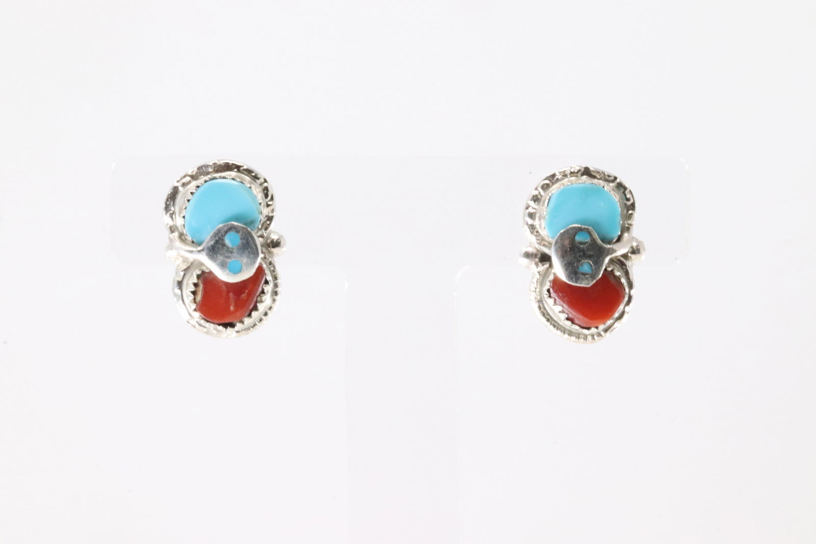 Native America Zuni Sterling Silver Coral / Turquoise Earring's By Effie C. (1 of 4)