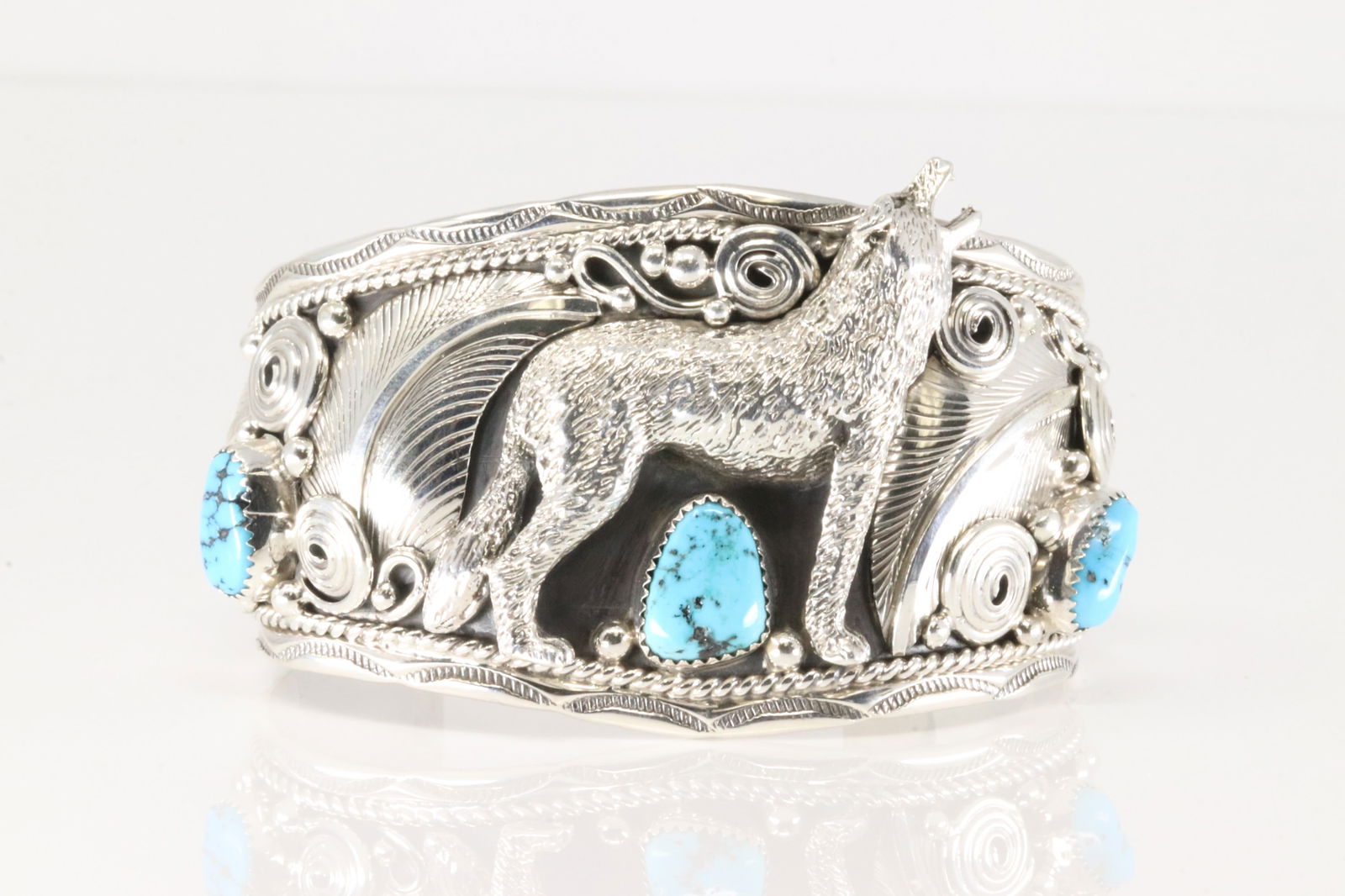 Native America Navajo Sterling Silver Turquoise Bracelet Wolf Casted Cuff By Darrell Morgan. (1 of 5)