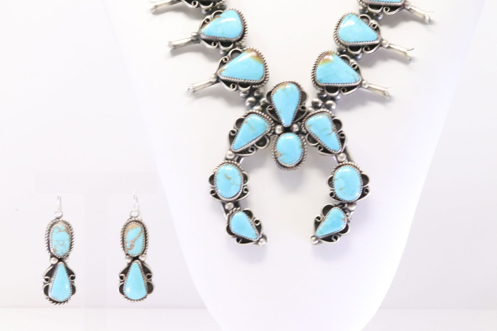 Native America Navajo Sterling Silver Number 8 Turquoise Squash Blossom Necklace & Earring's Set By (1 of 8)