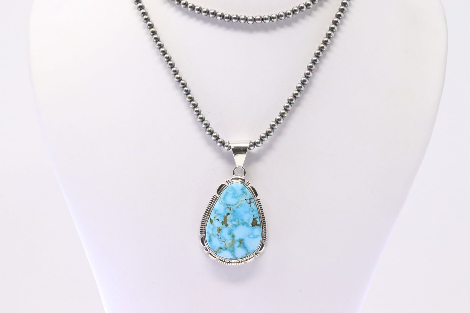 Native America Navajo Sterling Silver Kingman Turquoise Pendant By L.M.Y. With Pearl Beaded Sterling (1 of 4)