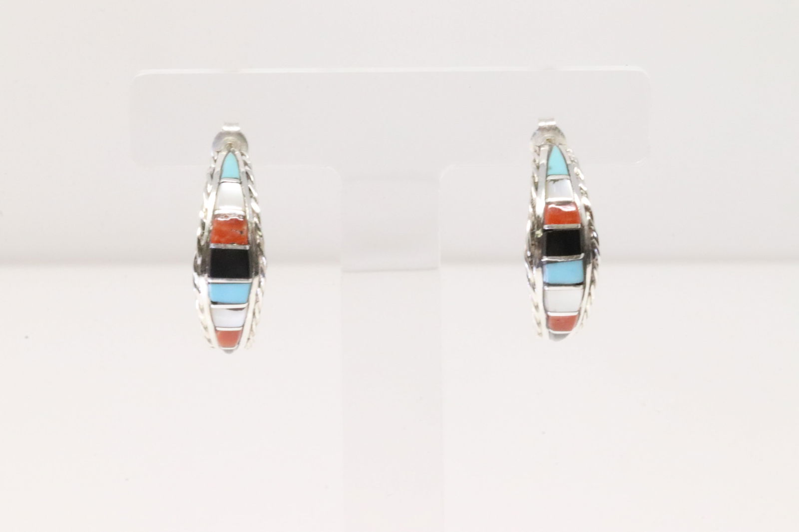 Native America Zuni Sterling Silver Multi-Color Stone Inlay Hoop Earring's By Malcolm Chavez. (1 of 4)
