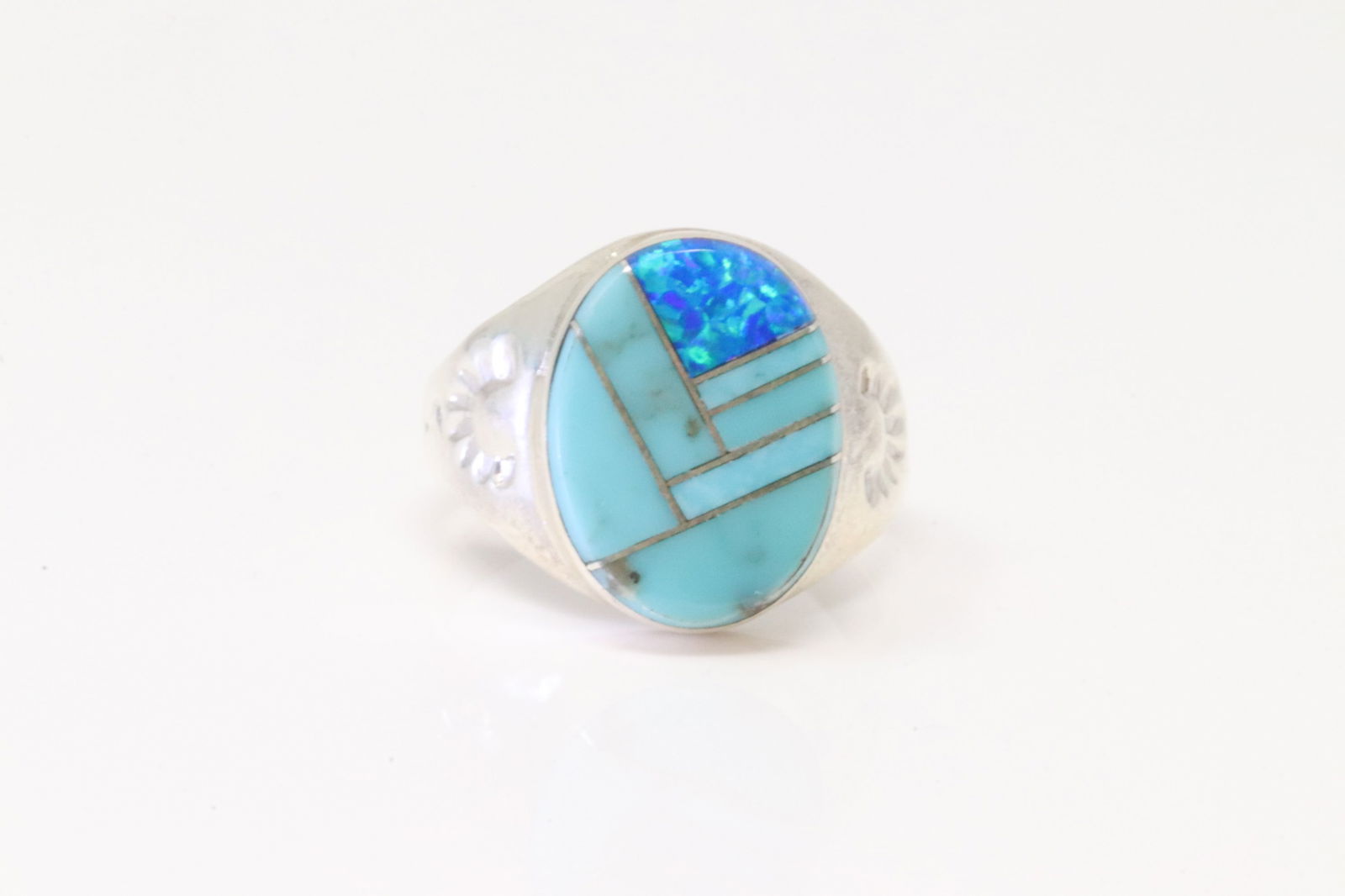 Native America Zuni Sterling Silver Blue Opal / Turquoise Inlay Ring By P.L.L. (1 of 4)