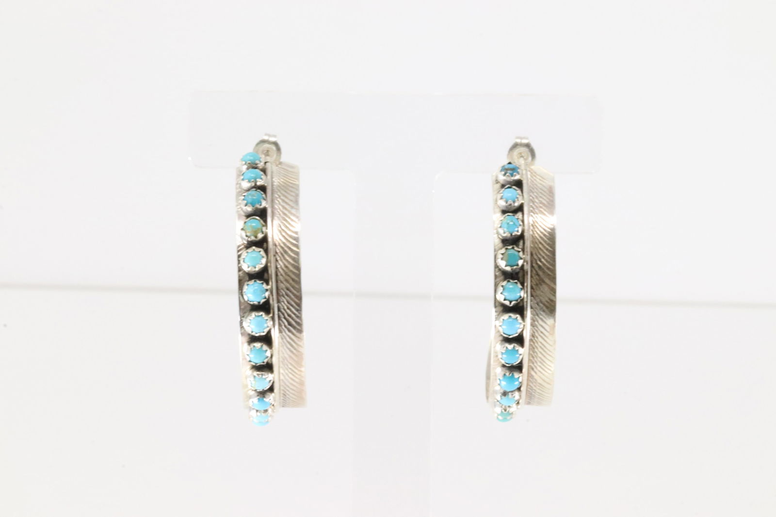 Native America Navajo Sterling Silver Turquoise Feather Hoop Earring's By Chris Charley. (1 of 4)