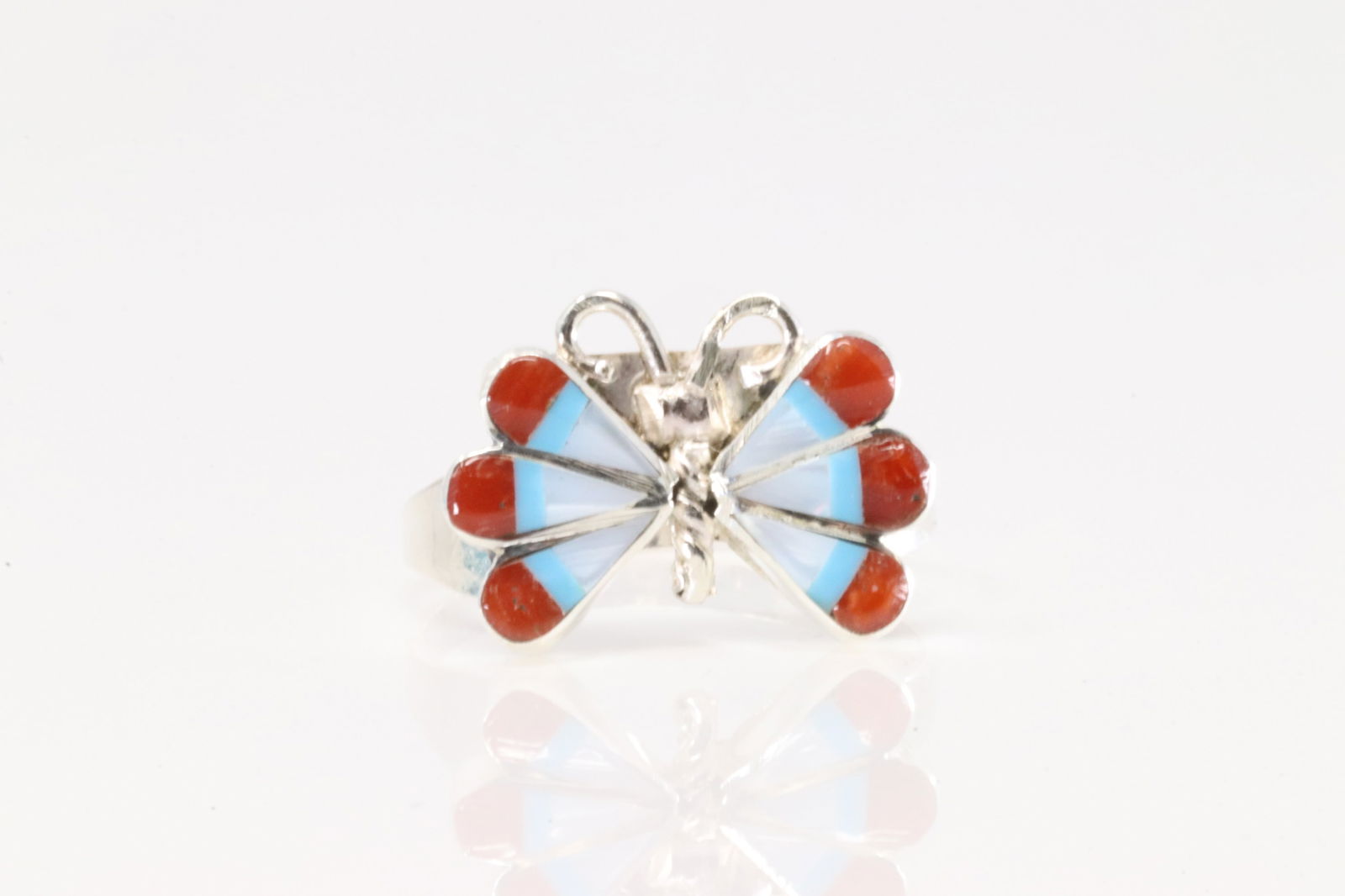 Native American Zuni Sterling Silver Multi-Color Stone Inlay Butterfly Ring. (1 of 4)