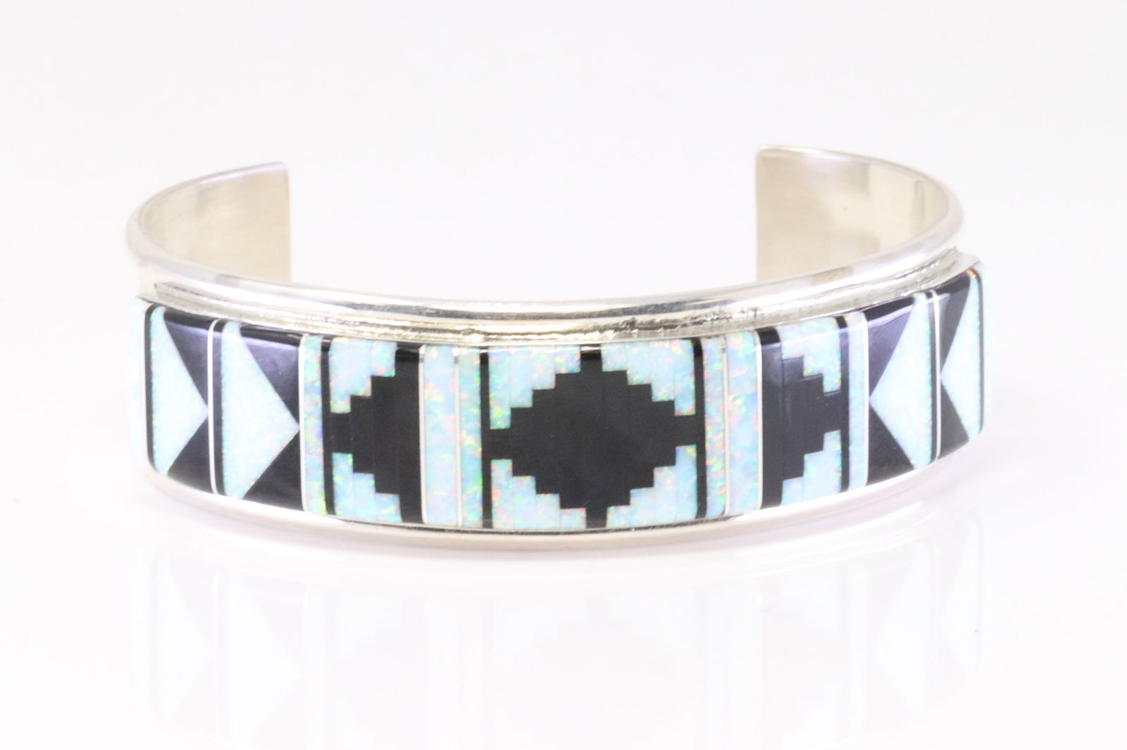 Native America Zuni Sterling Silver Black Onyx & Opal Inlay Inlay Bracelet By Sylvester Noche. (1 of 4)