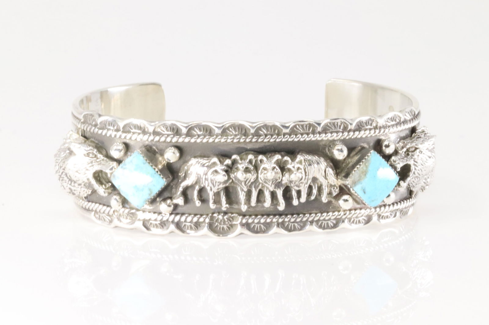 Native America Navajo Sterling Silver Turquoise Bracelet Wolf Pack Cuff By Gregg Yazzie. (1 of 4)
