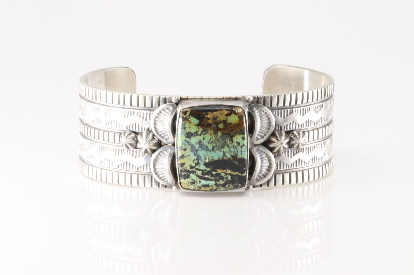 Native America Navajo Sterling Silver Black Jack Turquoise Bracelet Cuff By Francis. (1 of 4)