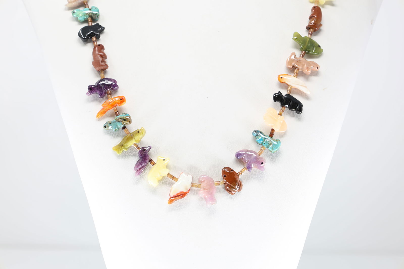 Native America Zuni Sterling Silver Carved Multi-Color Stone Fetish Animals Necklace. (1 of 4)