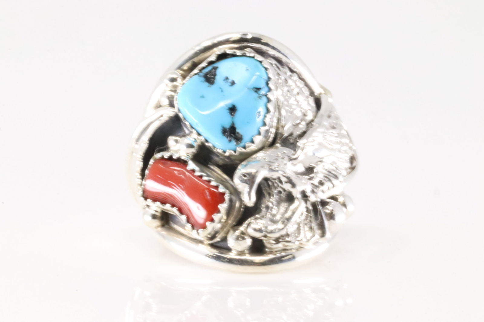 Native America Navajo Sterling Silver Coral & Turquoise Eagle Ring By Jeanette Saunders. (1 of 4)