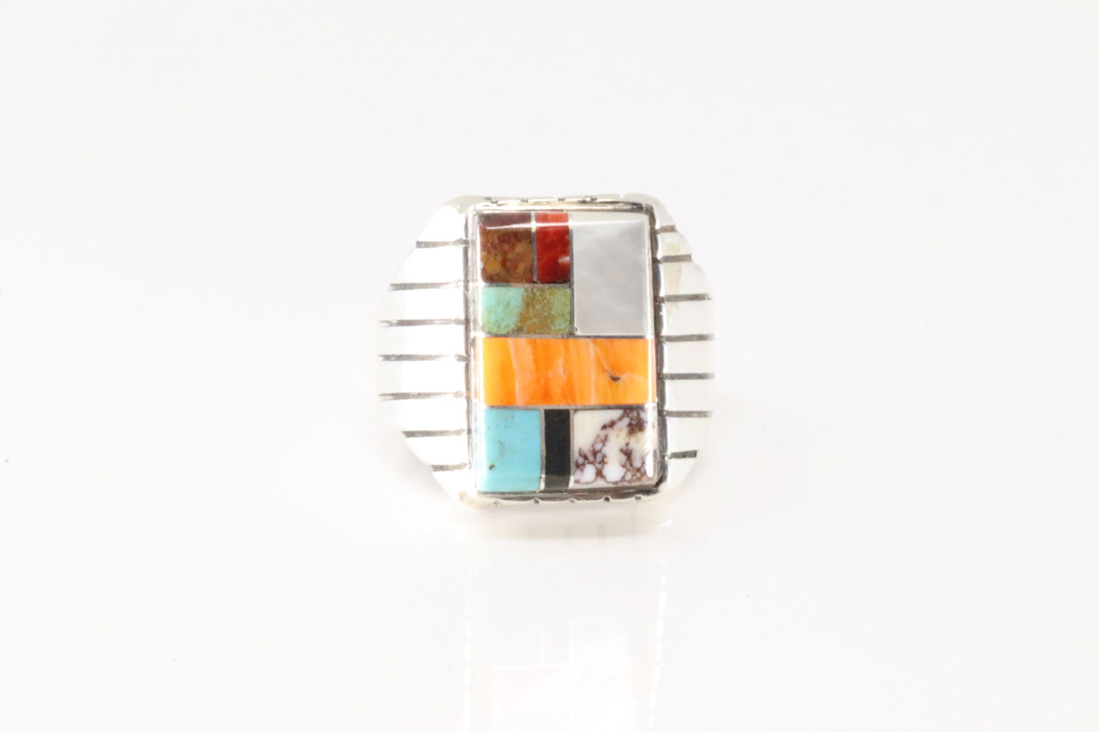 Native America Navajo Sterling Silver Men Multi-Color Stone Inlay Ring By R.: This is a Native America Navajo Sterling Silver Men Multi-Color Stone Inlay Ring By R. Ring size: 8.50.
