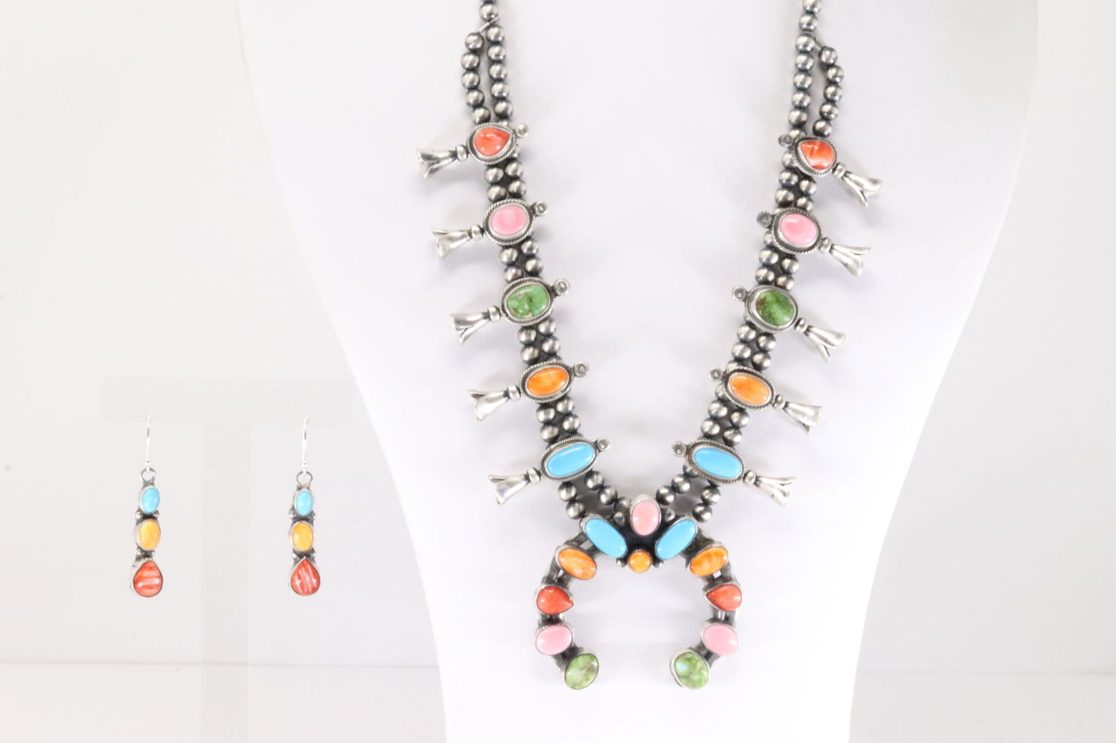 Native America Navajo Sterling Silver Multi-Color Stone Squash Blossom Necklace & Earring's Set By (1 of 6)