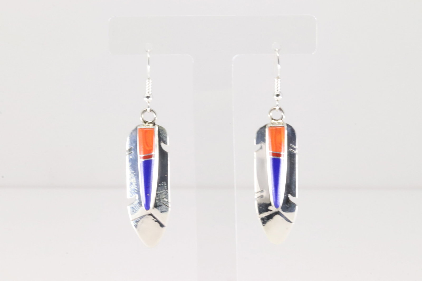 Native America Navajo Sterling Silver Multi-Color Inlay Feather Dangling Earring's By Z.: This is a Native America Navajo Sterling Silver Multi-Color Inlay Feather Dangling Earring's By Z.