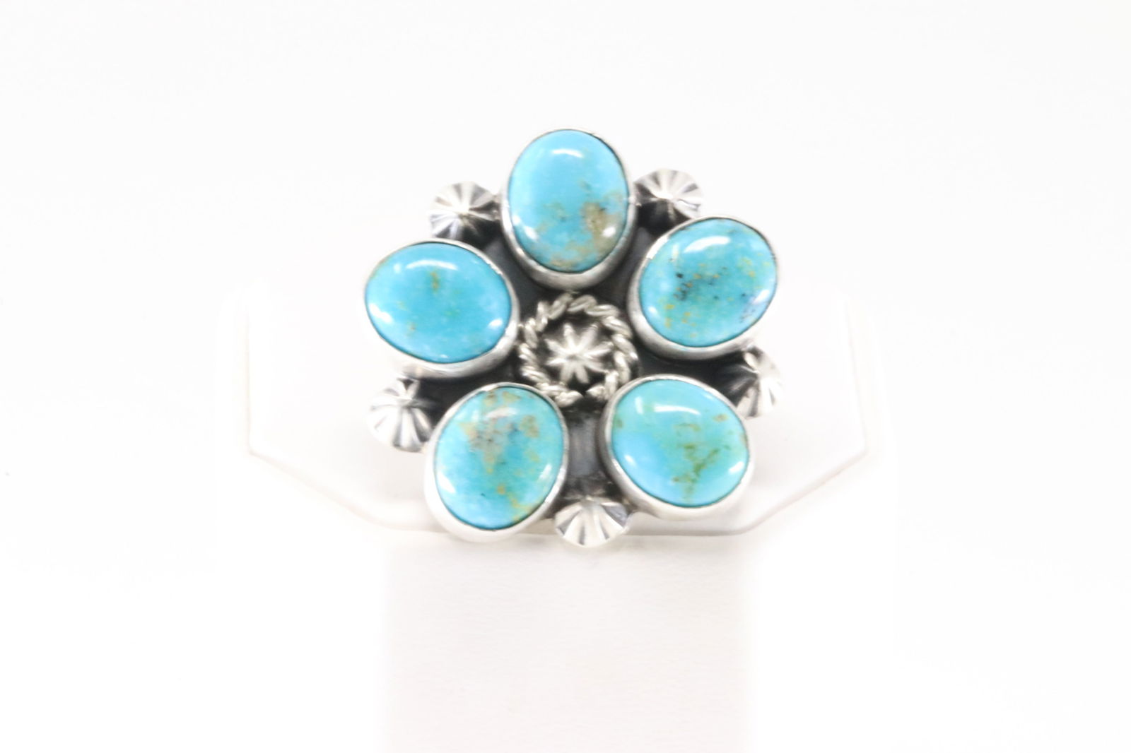 Native America Navajo Sterling Silver Kingman Turquoise Floral Ring By Donova Skeets. (1 of 4)