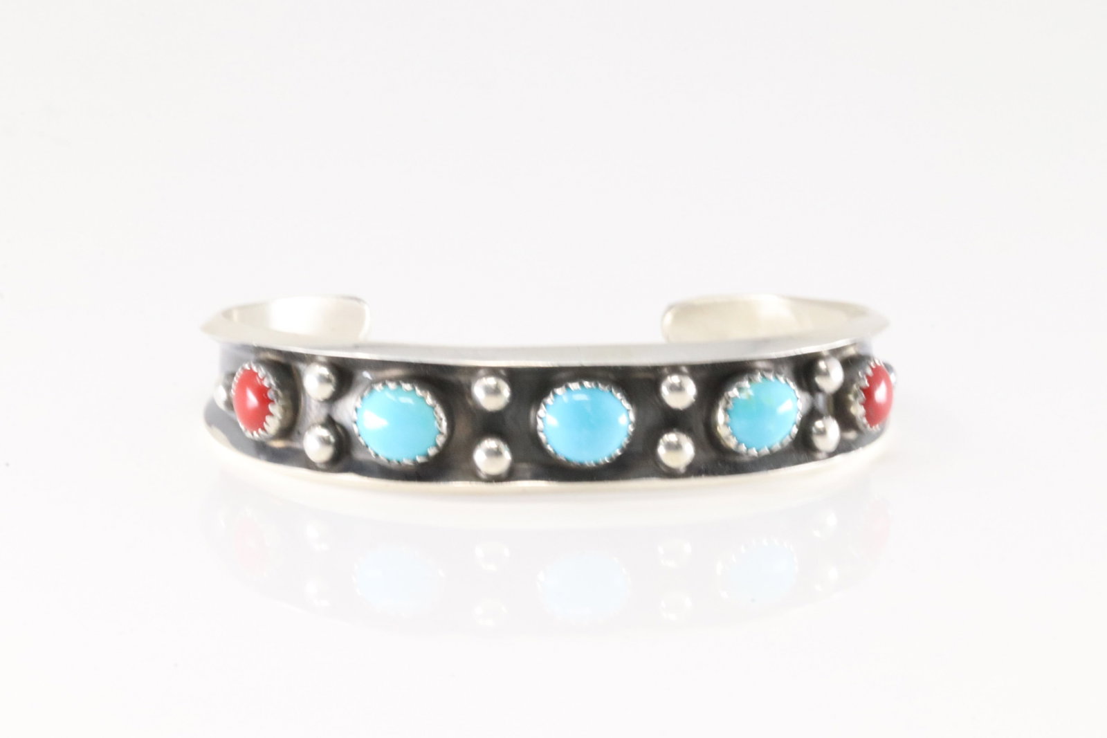 Native America Navajo Sterling Silver Coral & Turquoise Bracelet Cuff By Paul Largo.: This is a Native America Navajo Sterling Silver Coral & Turquoise Bracelet Cuff By Paul Largo.