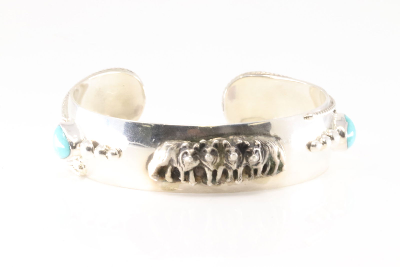 Native America Navajo Sterling Silver Turquoise Wolf Pack Bracelet Cuff By R.B. (1 of 4)