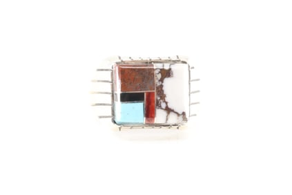 Native America Navajo Sterling Silver Men Multi-Color Stone Inlay Ring By R.