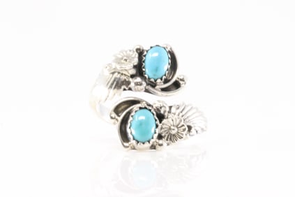 Native America Navajo Sterling Silver Turquoise Floral Ring By Etta Belin.