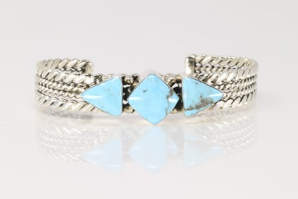 Native America Navajo Sterling Silver Turquoise Bracelet Cuff By Mike Smith.