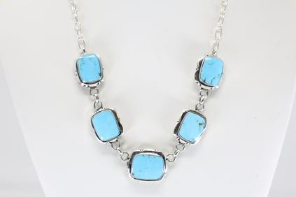 Native America Navajo Sterling Silver Turquoise Necklace By Mike Smith.