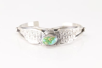 Native America Navajo Sterling Silver Sonora Gold Turquoise Bracelet Cuff By Samson Edsitty.