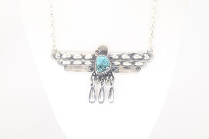 Native America Navajo Sterling Silver Turquoise Eagle Necklace By T.Yazzie.