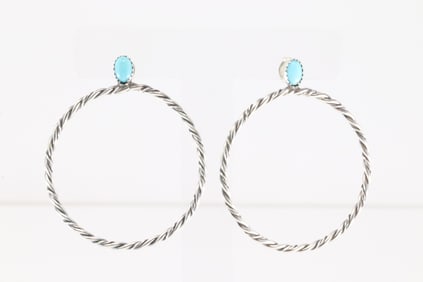 Native America Navajo Sterling Silver Turquoise Hoop Earring's By Nelson Leonard Jr.