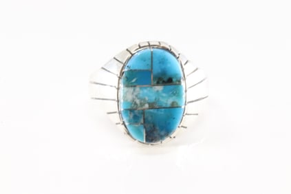 Native America Navajo Sterling Silver Turquoise Inlay Ring By R.