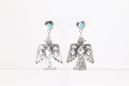Native America Navajo Sterling Silver Turquoise Thunderbird Post / Dangling Earring's By Gabriela
