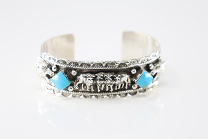 Native America Navajo Sterling Silver Turquoise Wolf Pack Bracelet Cuff By Gregg Yazzie.