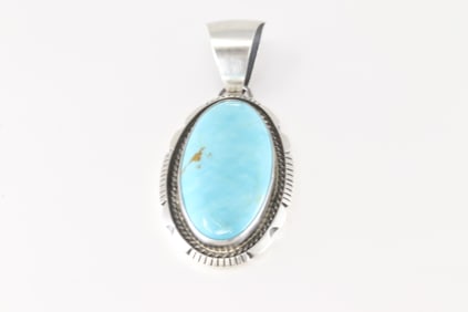 Native America Navajo Sterling Silver Kingman Turquoise Pendant By Alfred Martinez.