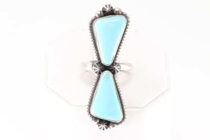 Native America Navajo Sterling Silver Turquoise Ring 2 Stone Cuff By I.Kee.