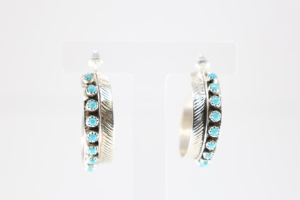 Native America Navajo Sterling Silver Turquoise Feather Hoop Earring's By Aaron Davis.