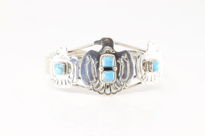 Native America Navajo Sterling Silver Turquoise Thunderbird Bracelet Cuff By Raymond Yazzie.