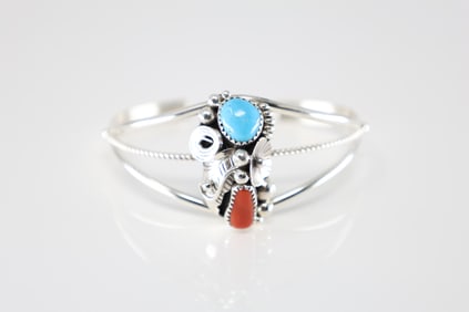 Native America Navajo Sterling Silver Coral & Turquoise Bracelet Cuff By Max Calladito.