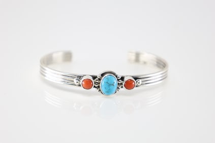 Native America Navajo Sterling Silver Coral & Turquoise Bracelet By Amos Begay.