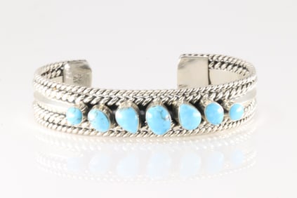 Native America Navajo Sterling Silver Turquoise Bracelet Cuff By Mike Smith.