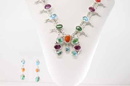 Native America Navajo Sterling Silver Multi-Color Stone Squash Blossom Necklace & Earring's By
