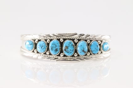Native America Navajo Sterling Silver Turquoise Bracelet Cuff By Anita Whitegoat.