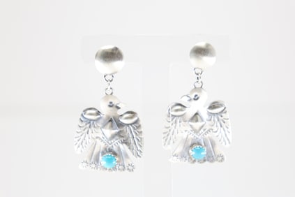 Native America Navajo Sterling Silver Turquoise Thunderbird Post Dangling Earring's By Tim Yazzie.