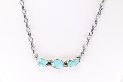 Native America Zuni Sterling Silver Kingman Turquoise Necklace By Jude Candelaria.