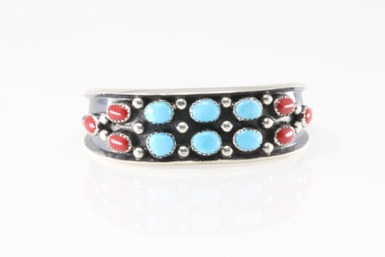 Native America Navajo Sterling Silver Coral & Turquoise Bracelet Cuff By Paul Largo.