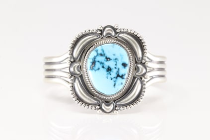 Native America Navajo Sterling Silver Kingman Turquoise Bracelet Cuff By Derrick.