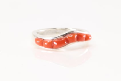 Native America Navajo Sterling Silver Coral Ring By A.T.