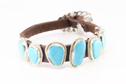 Native America Navajo Sterling Silver Turquoise Leather Bracelet By R.C.