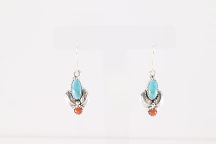 Native America Navajo Sterling Silver Coral & Turquoise Dangling Earring's By Robert Martinez.