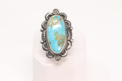 Native America Navajo Sterling Silver Stamped Turquoise Ring By M.