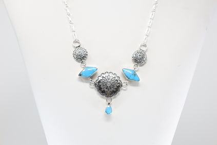 Native America Navajo Sterling Silver Turquoise Necklace By R.B.