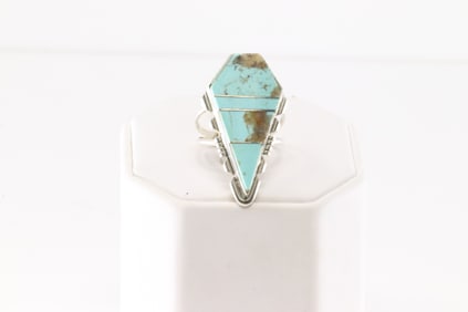 Native America Navajo Sterling Silver Turquoise Inlay Ring By B.E.