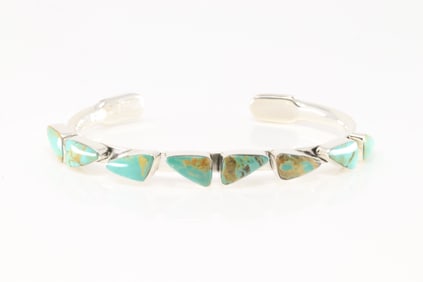 Native America Navajo Sterling Silver Turquoise Bracelet Cuff By Sadie Jim.
