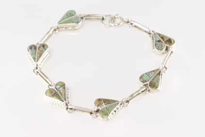 Native America Zuni Sterling Silver Turquoise Inlay Heart Bracelet Link By R.V.N